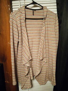 Heart Soul Open Front Cardigan Sweater Waterfall Multi-Colored Striped Hooded L